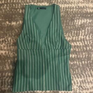 Zara Green and White Pinstripe Sleeveless Blouse